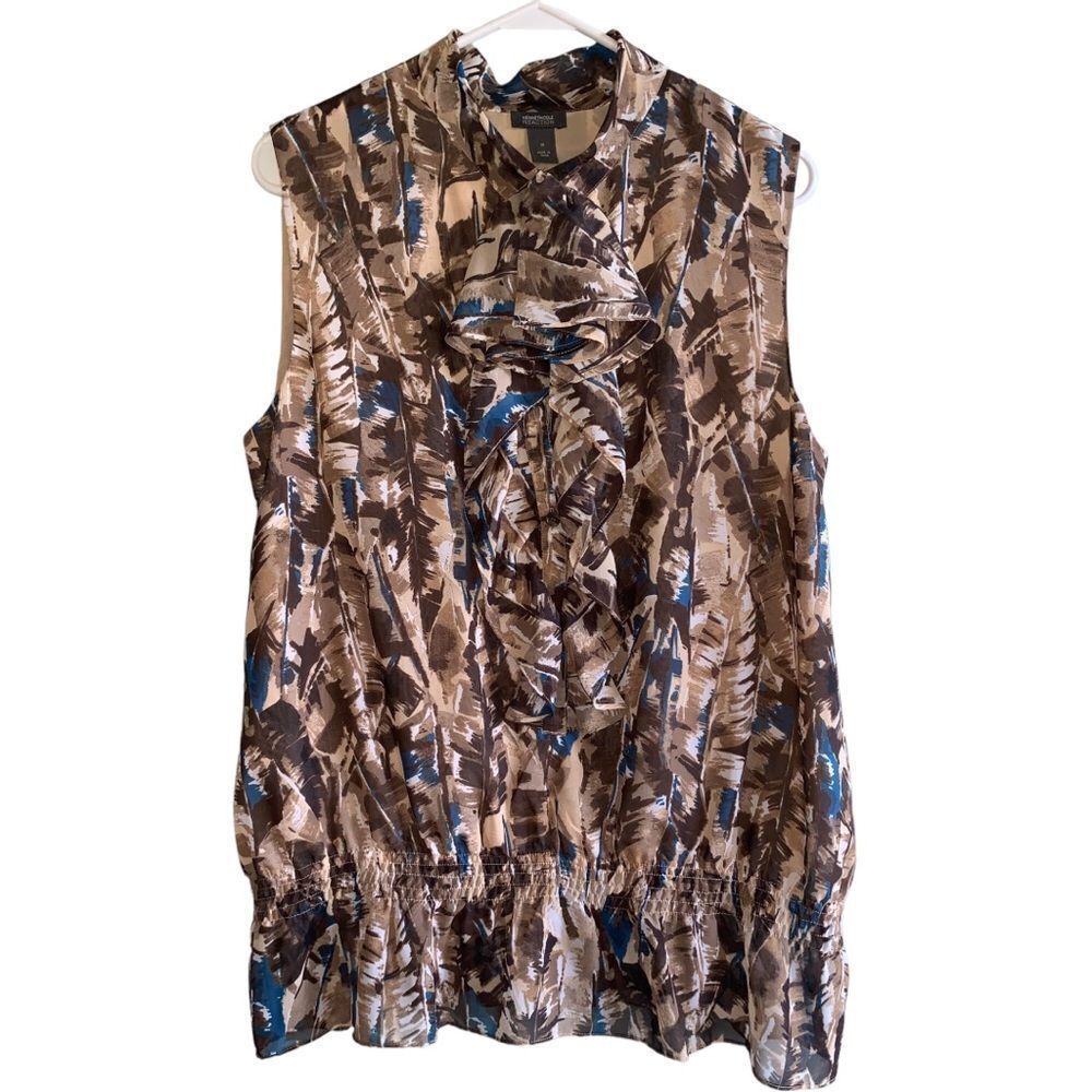 Kenneth Cole woman’s ruffle  bottom down  sleeveless smocked waist top size 10